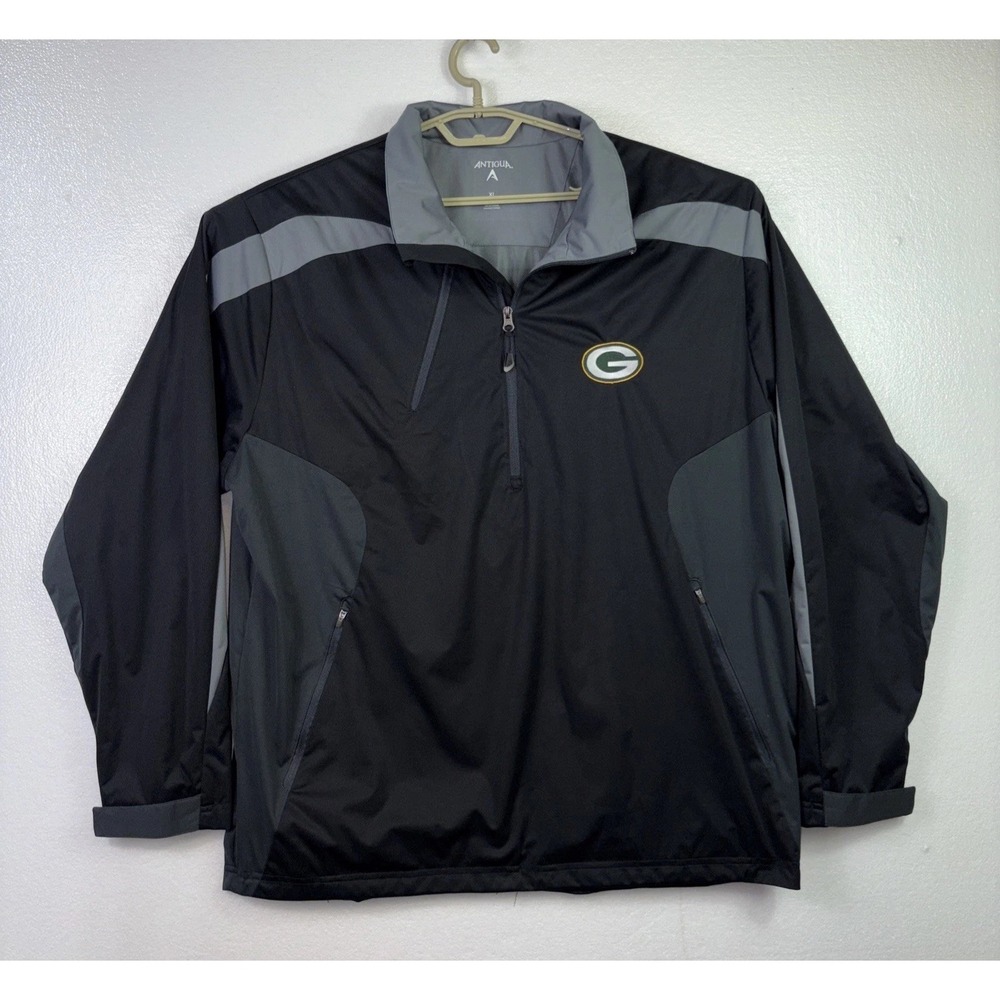 Green Bay Packers Jacket Mens XL Team Black Antigua 1/4 Zip Pull Over Pocket zip